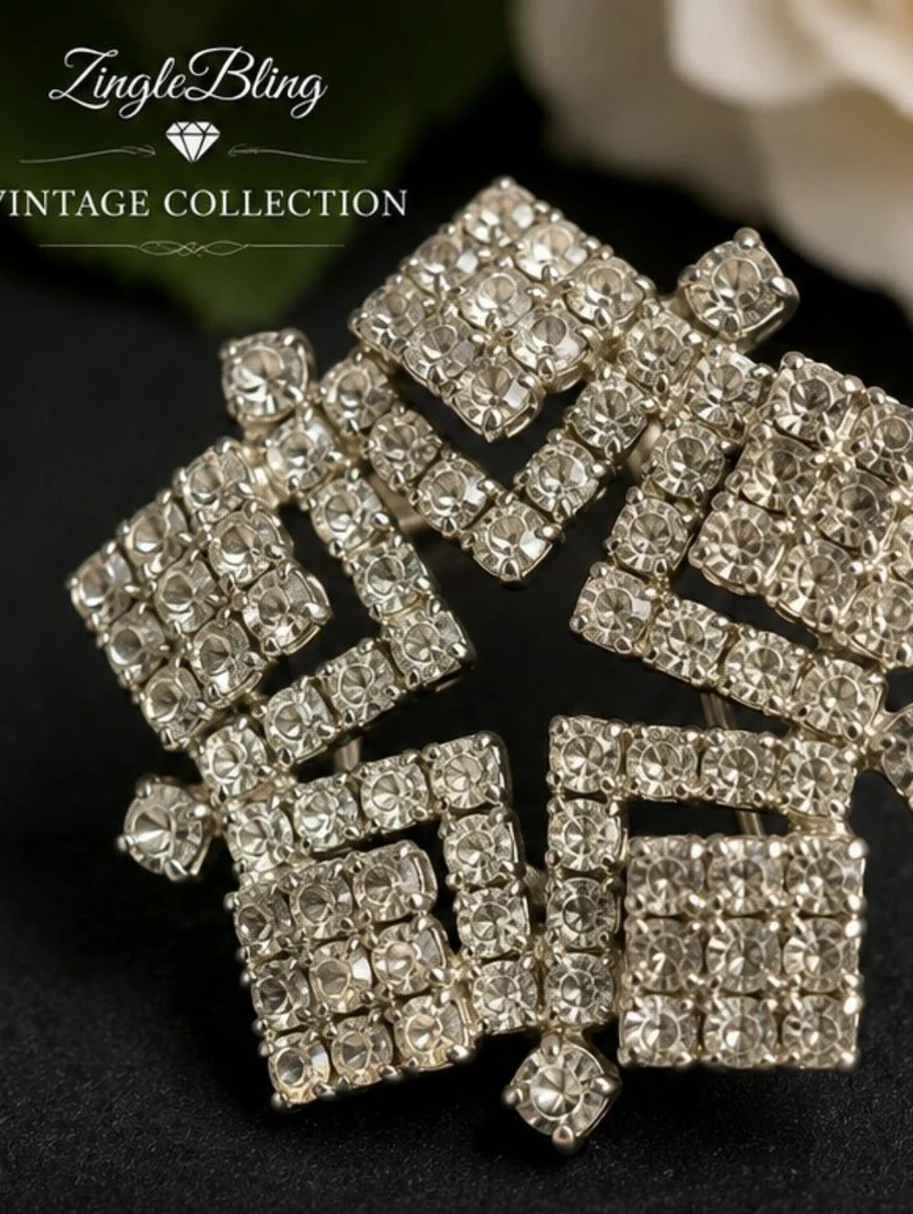Vintage 1950s Rhinestone Brooch Silver Tone Geometric Crystal Statement Pin